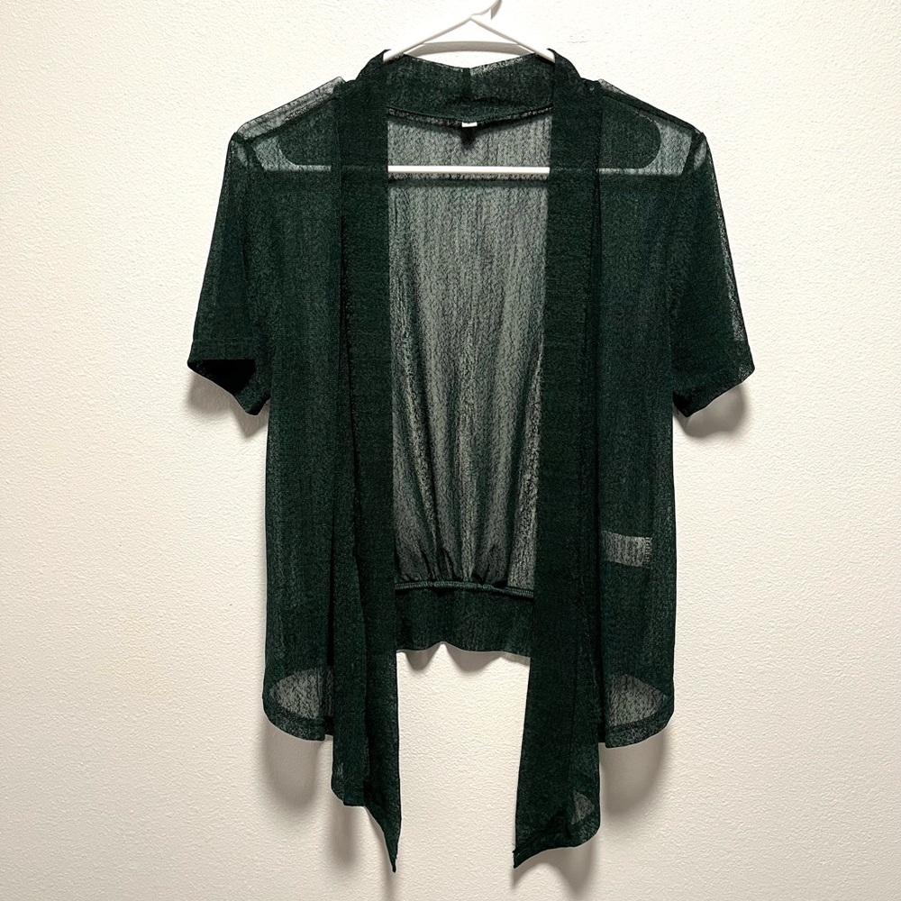 NWOT Dark Green Sheer Asymmetrical Short Sleeved Cardigan